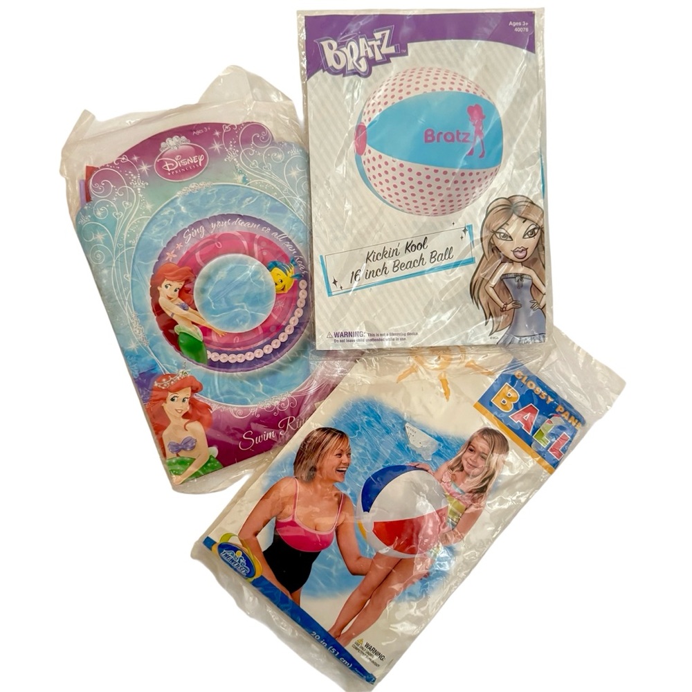 Intex, Bratz and Little Mermaid Pool Beach Balls and Swim Ring Bundle